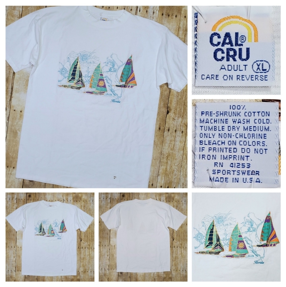 Vintage 80's/90's Sailboat Florida T Shirt XL Cal Cru Single Stitch Made In USA